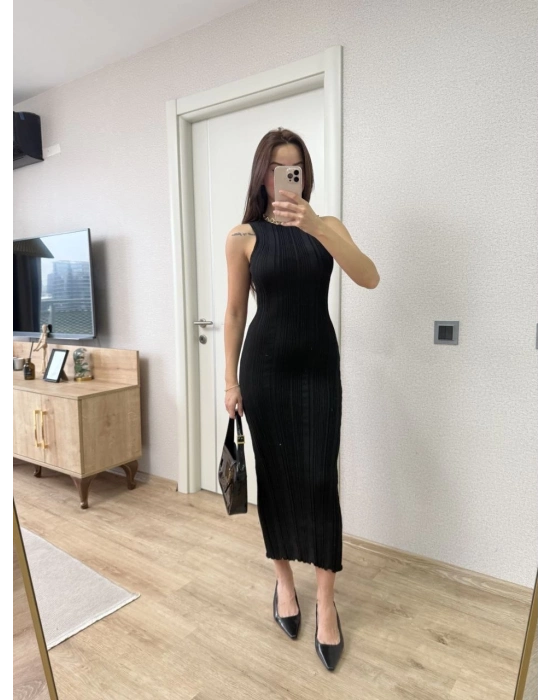 Fitilli Triko Elbise Kolsuz Sırtı Kapalı Maxi Uzun Boy - Siyah -