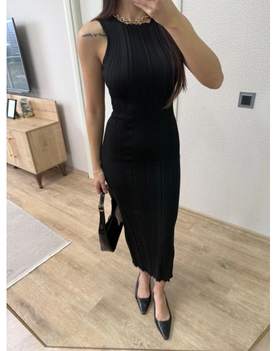 Fitilli Triko Elbise Kolsuz Sırtı Kapalı Maxi Uzun Boy - Siyah -