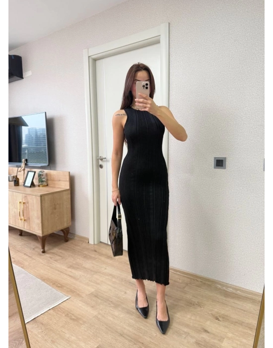 Fitilli Triko Elbise Kolsuz Sırtı Kapalı Maxi Uzun Boy - Siyah -