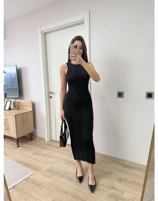 Fitilli Triko Elbise Kolsuz Sırtı Kapalı Maxi Uzun Boy - Siyah -