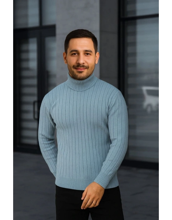 Fitilli Triko Kazak 2li Set Bebek Mavisi Siyah Regular Balıkcı Yaka Tam Boğazlı Triko Seti Modeli Kazak