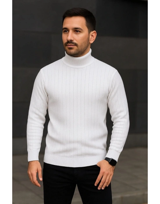 Fitilli Triko Kazak 2li Set Beyaz Siyah Regular Balıkcı Yaka Tam Boğazlı Triko Seti Modeli Kazak