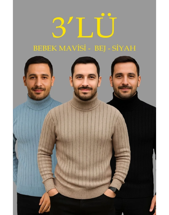 Fitilli Triko Kazak 3lÜ Set Bebek Mavisi Bej Siyah Regular Balıkcı Yaka Tam Boğazlı Triko Seti Modeli Kazak