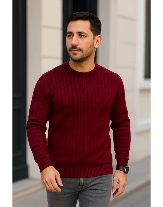Fitilli Triko Kazak 3’lü Set – Beyaz, Bordo, Siyah | Kalın Dokuma Pamuklu Regular Fit Bisiklet Yaka Uzun Kollu Kışlık ve Baharlık Rahat Triko Kombini