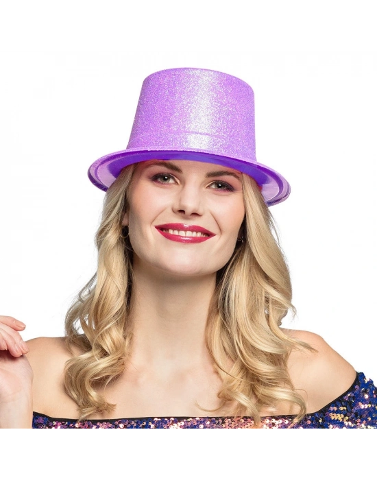 Floresan Mor Renk Simli Uzun Fötr Melon Şapka 12 Cm