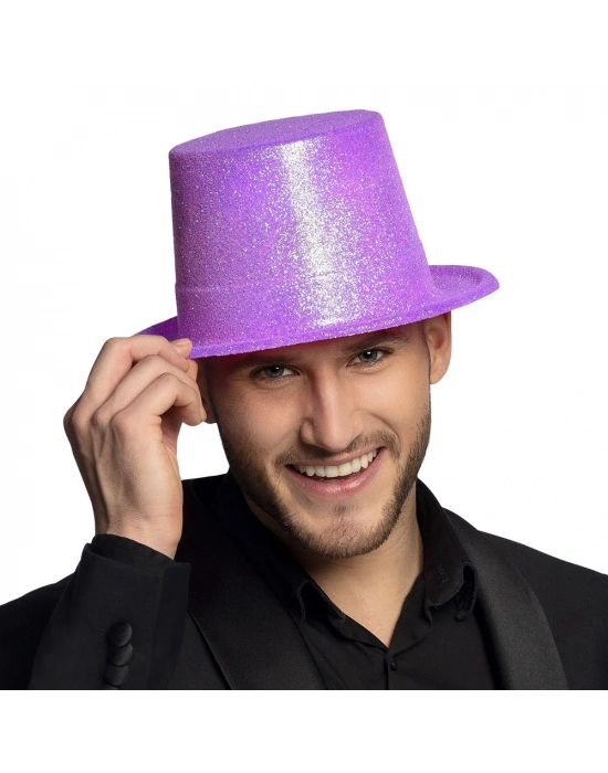 Floresan Mor Renk Simli Uzun Fötr Melon Şapka 12 Cm