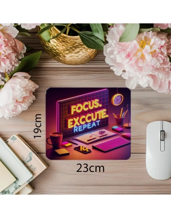 Focus Execute Repeat Temalı Renkli Motivasyon Mousepad - 19x23 cm 2 mm Dikdörtgen İthal Baskılı Mouse Pad
