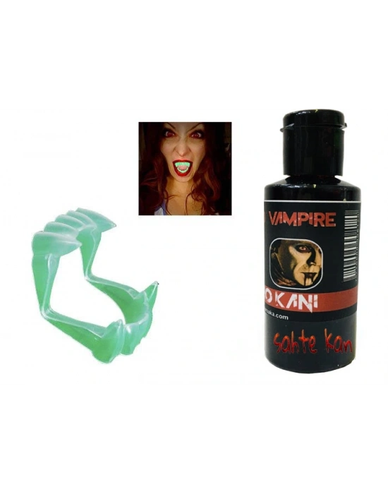Fosforlu Çift Damak Takma Vampir Dişi Ve 50 Gr Tiyatro Kanı