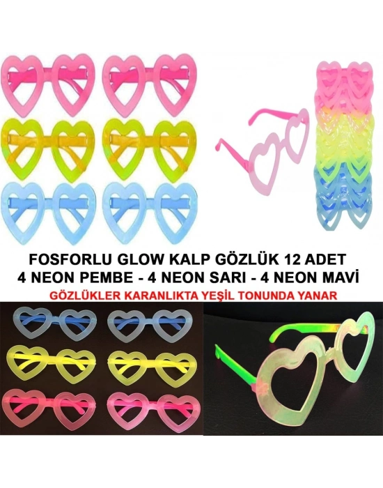 Fosforlu Kalp Gözlük 12 Adet – 80’ler 90’lar Parti Stili
