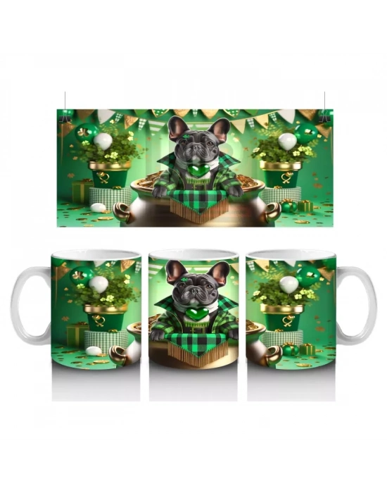 Fransız Bulldog ile St. Patrick Partisi – Altın Kazanlı Eğlenceli Kupa Tasarımı