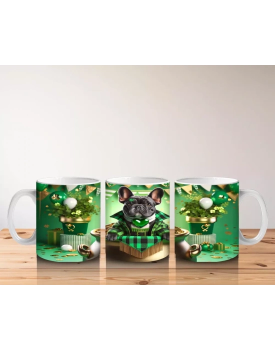 Fransız Bulldog ile St. Patrick Partisi – Altın Kazanlı Eğlenceli Kupa Tasarımı