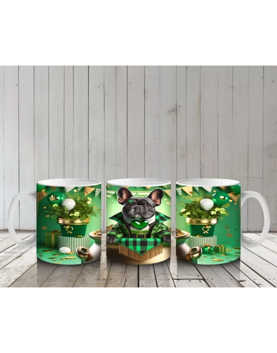 Fransız Bulldog ile St. Patrick Partisi – Altın Kazanlı Eğlenceli Kupa Tasarımı