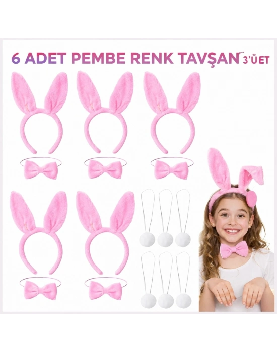 Full Pembe Renk Tavşan Sahne Seti 6'lı Set Taç Papyon Kuyruk