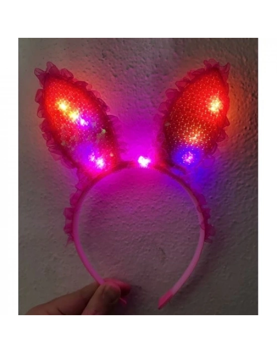 Fuşya Dantelli Işıklı Tavşan Kulak Taç