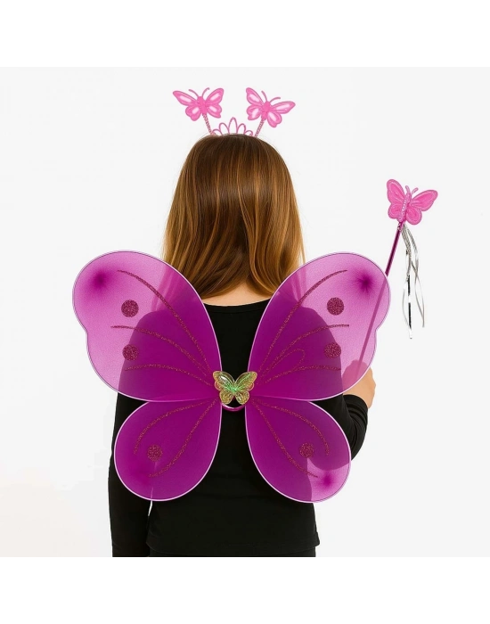 Fuşya Kelebek Kız Seti – 50 cm Kelebek Kanadı, Taç ve Asa