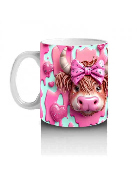 Fuşya Kurdeleli Sevimli Boğa Çifti - Baskılı Kahve Kupası