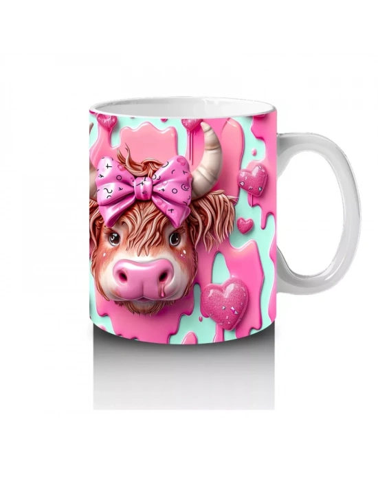 Fuşya Kurdeleli Sevimli Boğa Çifti - Baskılı Kahve Kupası