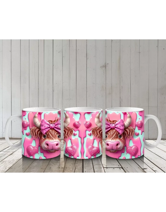 Fuşya Kurdeleli Sevimli Boğa Çifti - Baskılı Kahve Kupası