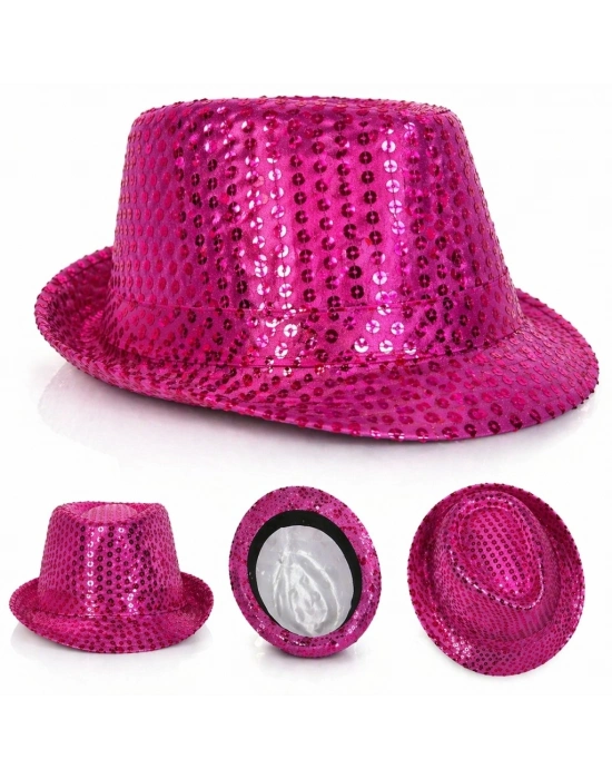 Fuşya Pembe Payetli Disco Parti Şapkası Yetişkin Işıltılı Fötr Model