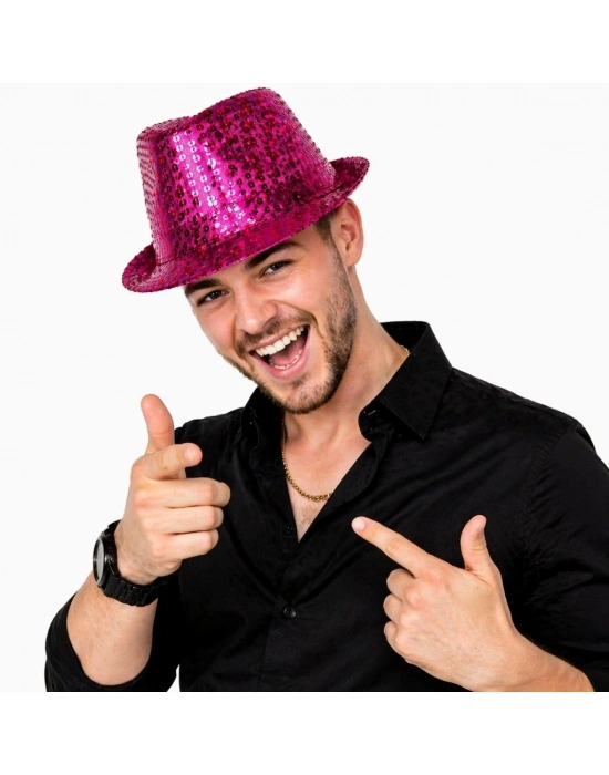Fuşya Pembe Payetli Disco Parti Şapkası Yetişkin Işıltılı Fötr Model