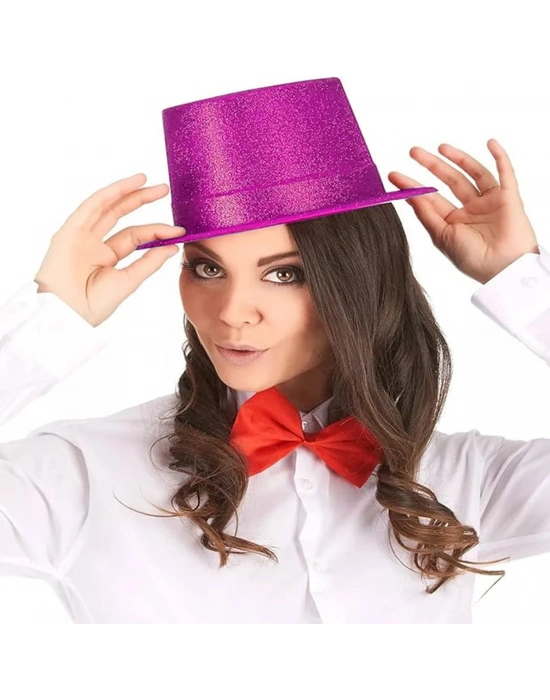 Fuşya Pembe Renk Parıltılı Simli Fötr Silindir Parti Şapkası