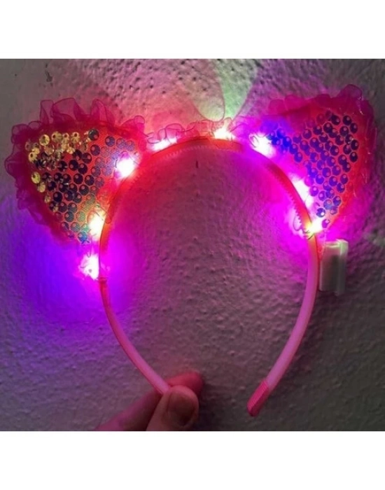 Fuşya Pullu Led Işıklı Kedi Kulak Taç