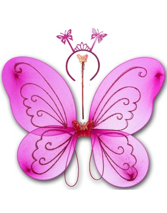 Fuşya Renk Kelebek Kanadı Tacı ve Sopası