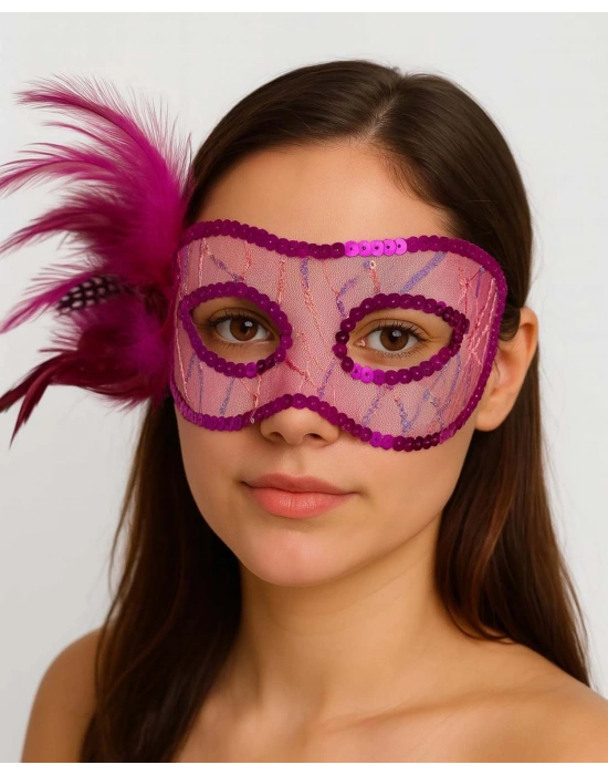 Fuşya Renk Yandan Tüylü Pul Payet İşlemeli Parti Maskesi 23x12 cm