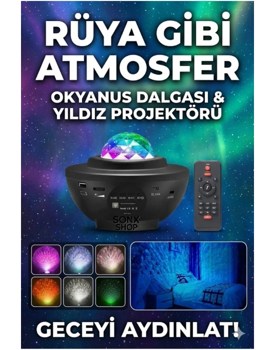 ® Galaksi Yıldız Projektörü ve Bluetooth Hoparlör 10 Renk Modlu Okyanus Dalgalı Gece & Disko ası