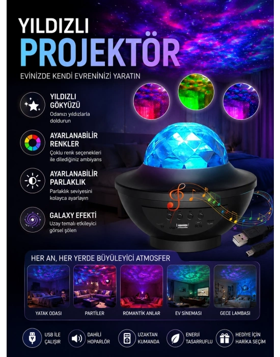 Galaxy Efektli LED Gece Lambası Projektörü Bluetooth Bağlantılı