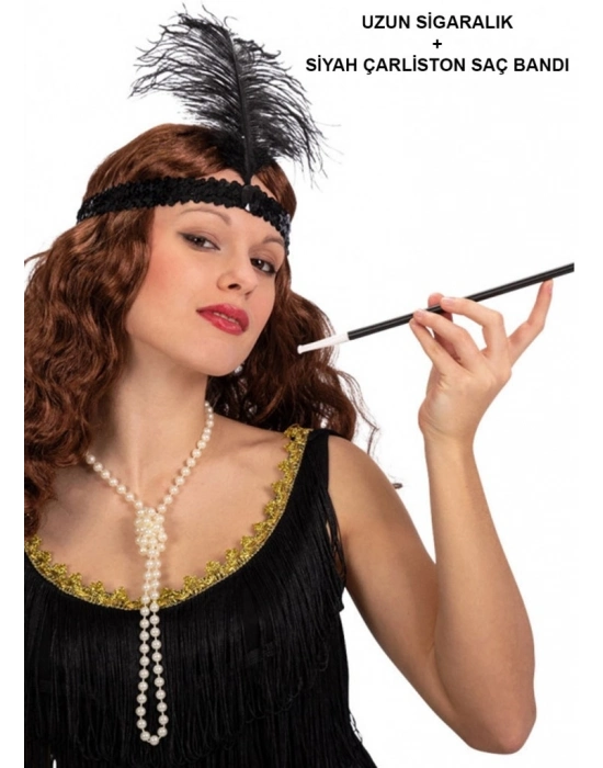 Gatsby Aksesuar Seti – Siyah Charleston Saç Bandı & Sigaralık