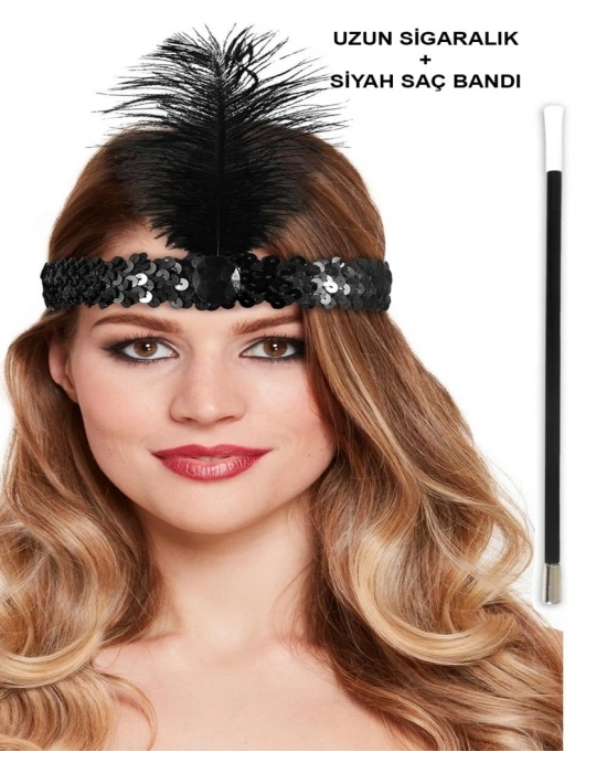 Gatsby Aksesuar Seti – Siyah Charleston Saç Bandı & Sigaralık
