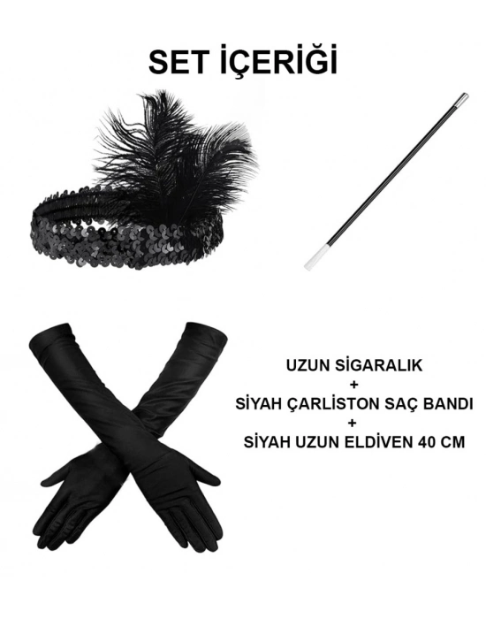 Gatsby Aksesuar Seti – Siyah Charleston Saç Bandı, Uzun Eldiven & Sigaralık