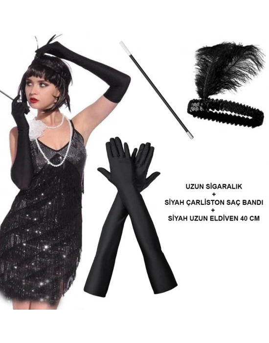 Gatsby Aksesuar Seti – Siyah Charleston Saç Bandı, Uzun Eldiven & Sigaralık