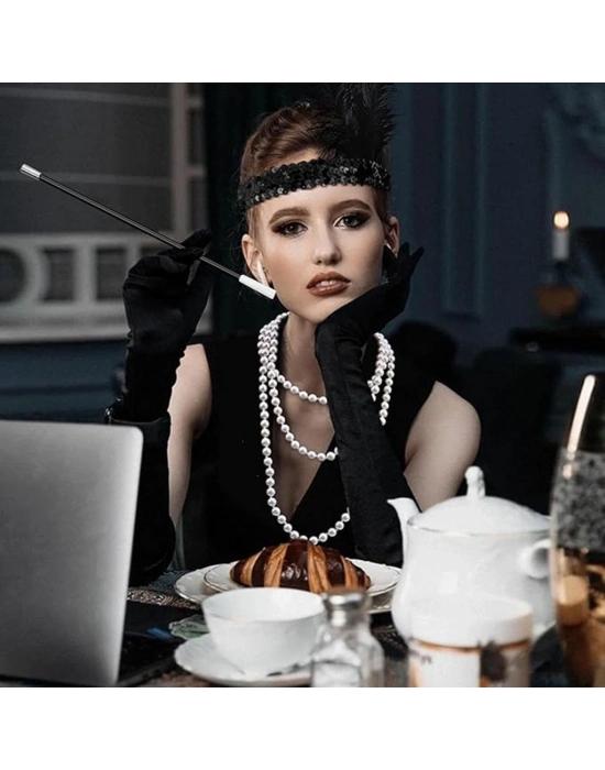 Gatsby Aksesuar Seti – Siyah Charleston Saç Bandı, Uzun Eldiven & Sigaralık