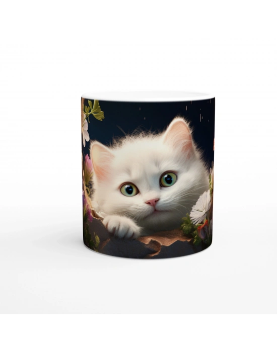 Gece Bahçesinde Parlayan Gözlü Beyaz Kedi Baskılı Kupa Bardak