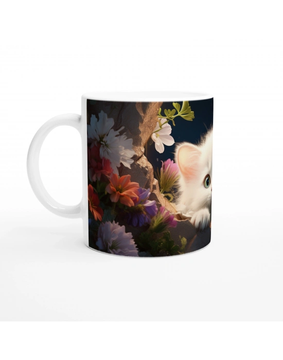 Gece Bahçesinde Parlayan Gözlü Beyaz Kedi Baskılı Kupa Bardak