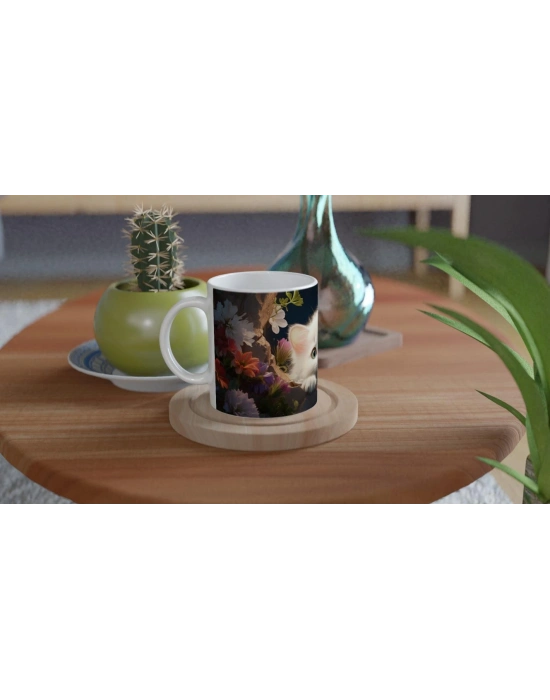 Gece Bahçesinde Parlayan Gözlü Beyaz Kedi Baskılı Kupa Bardak