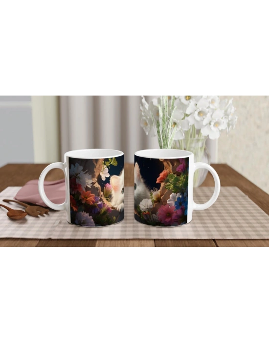 Gece Bahçesinde Parlayan Gözlü Beyaz Kedi Baskılı Kupa Bardak