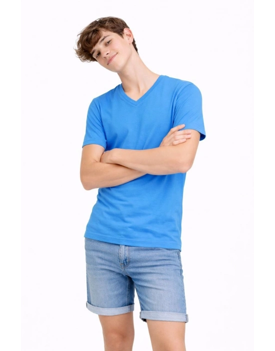 Genç Erkek Çocuk V Yaka Tişört Yazlık Model Günlük Basic Body - Açık Mavi