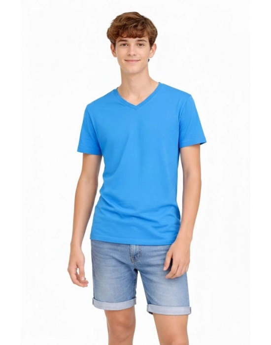 Genç Erkek Çocuk V Yaka Tişört Yazlık Model Günlük Basic Body - Açık Mavi