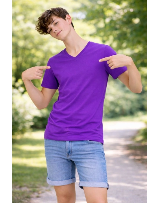 Genç Erkek Çocuk V Yaka Tişört Yazlık Model Günlük Basic Body - Mor