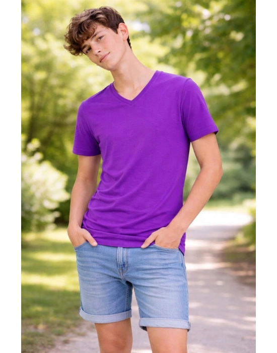Genç Erkek Çocuk V Yaka Tişört Yazlık Model Günlük Basic Body - Mor