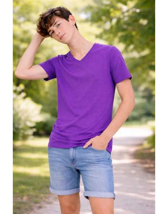Genç Erkek Çocuk V Yaka Tişört Yazlık Model Günlük Basic Body - Mor