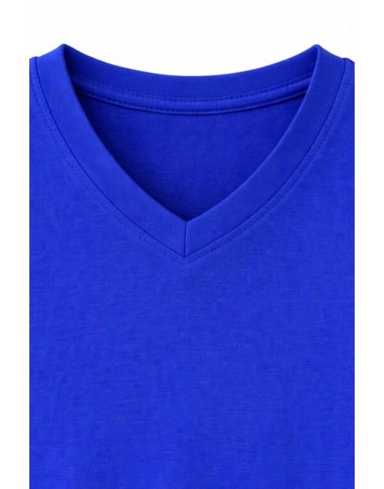 Genç Erkek Çocuk V Yaka Tişört Yazlık Model Günlük Basic Body - Saks Mavisi