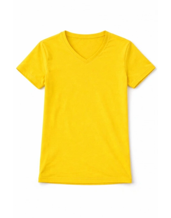 Genç Erkek Çocuk V Yaka Tişört Yazlık Model Günlük Basic Body - Sarı