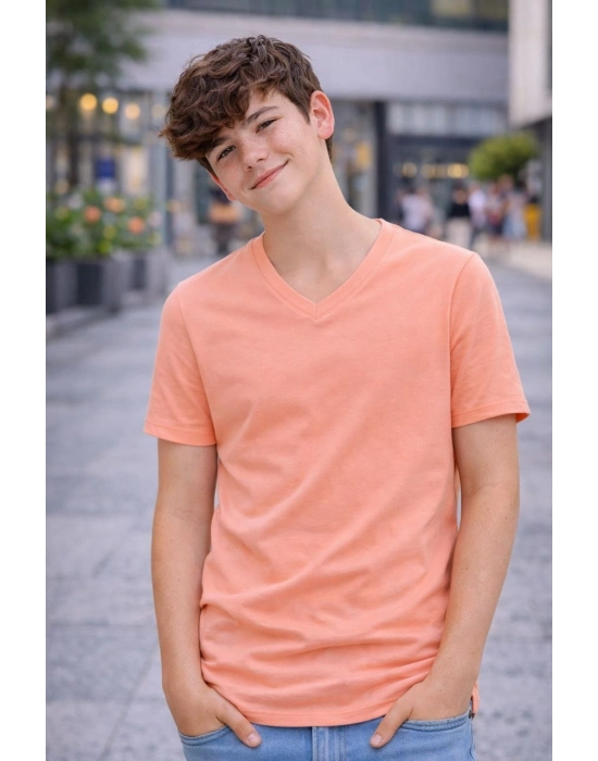 Genç Erkek Çocuk V Yaka Tişört Yazlık Model Günlük Basic Body - Toz Pembe