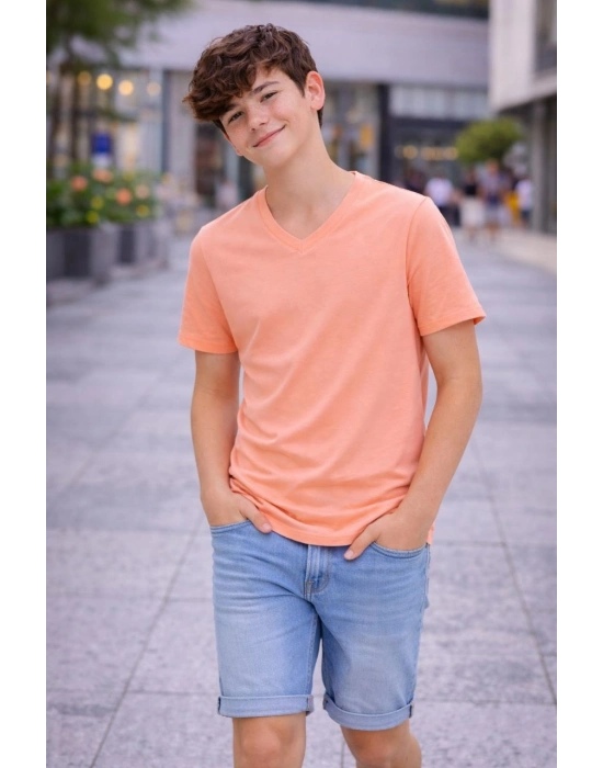 Genç Erkek Çocuk V Yaka Tişört Yazlık Model Günlük Basic Body - Toz Pembe