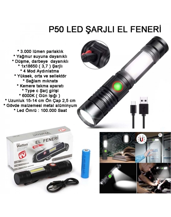 Geniş Açılı P50 Led Şarjlı El Feneri Wt-601