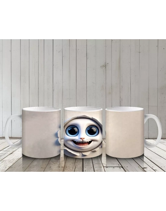 Geniş Gözlü Komik Yüz Maskotu – Baskılı Kahve Kupası